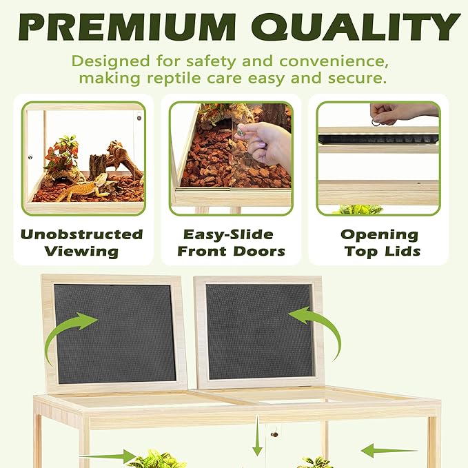 PROLEE Bearded Dragon Tank with Leg Stand 81 Gallons, Wooden Lizard Tank,Reptile Tank with Metal Mesh Roof Door, Acrylic Panel Snake Tank with Lock Design (Oak, 48"x20"x20")