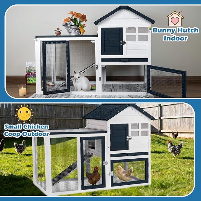 FunXplore Bunny Hutch Indoor Outdoor Rabbit Cage Chicken Coop Animal House with Wire Floor Above Pull-Out Tray, Chew-Resistant Ramp & Entrance, Openable Waterproof Roof & UV-Resistant Roof
