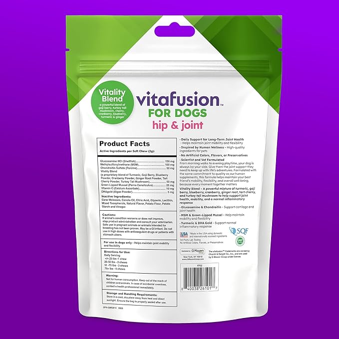 VitaFusion Dog Hip and Joint Supplement Glucosamine, Chondroitin, MSM, Omega-3 & Green-Lipped Mussel, Superfoods Blend. Flexibility and Cartilage Health. Wellness for Puppies to Senior Dogs,120 Chews.