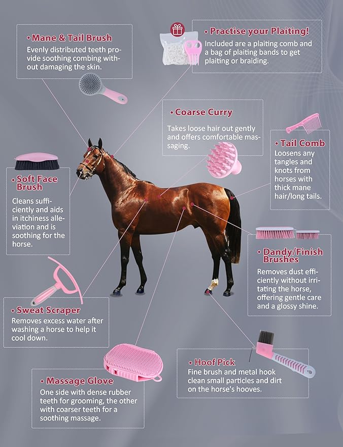 Horse Grooming Kit, 9-Piece Grooming Tools Set for Daily Horse Care – Includes All Essential Tools for Everyday Grooming Pink