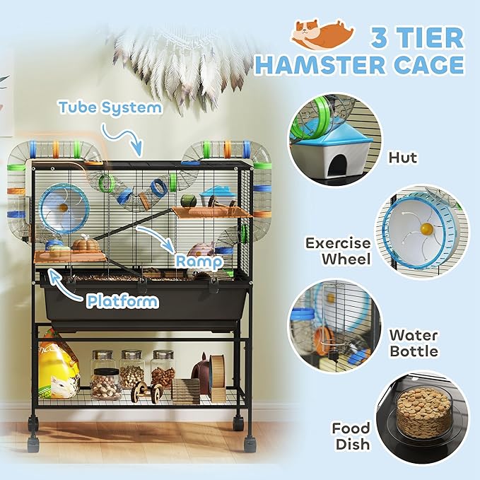 PawHut Large Hamster Cage with Deep Tray, 3 Tier Rolling Rat Cage with Storage Shelf, Big Exercise Wheel, Tube System, Hut, Platforms, Ramps, Food Dish, Water Bottle, for Syrian, Gerbil, Mouse