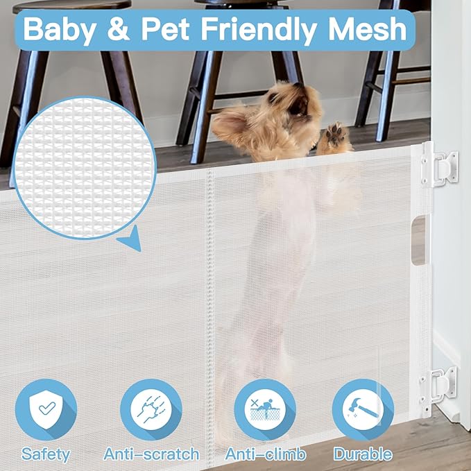 Short Dog Gate 0"-39" Wide Narrow Baby Gate 24” Tall Retractable Baby Gate to Step Over Short Gate for Stairs Low Pet Gate Indoor Mesh Doggie Gates Puppy Gate for Doorway, White