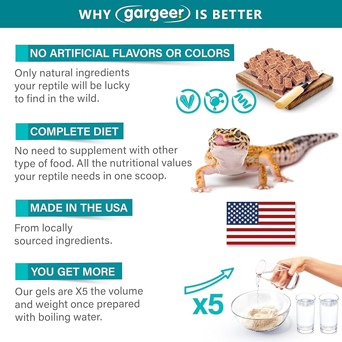 Gargeer Leopard Gecko Food 3oz. Complete Gel Diet for Both Juveniles and Adults. Proudly Made in The USA, Using Premium Ingredients, Fortified Gourmet Formula. Enjoy!