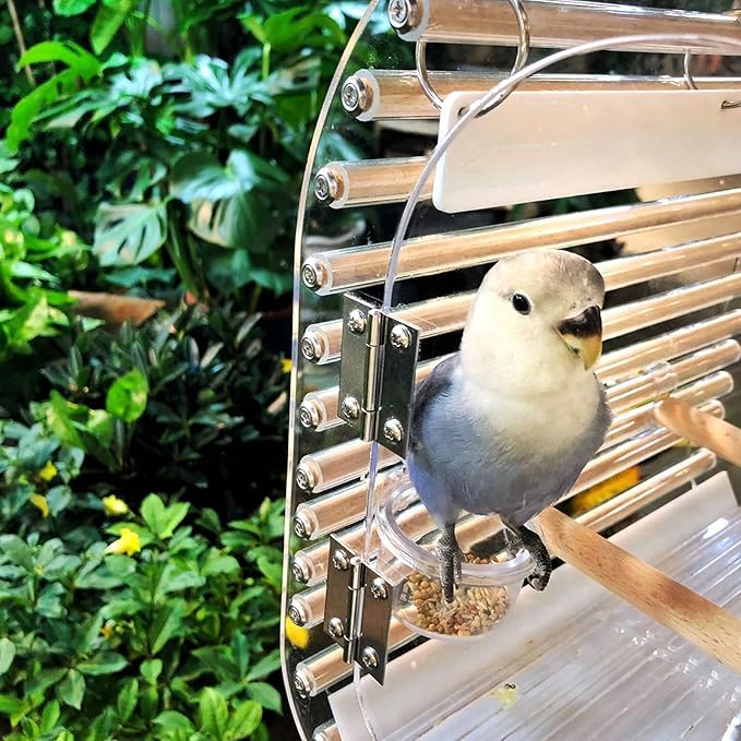 Bird Cage Lightweight Bird Carrier Acrylic Bird Travel Cage with Feeding Cups Transparent Breathable Bird Parrot Carrier for Indoor Outdoor Birdcage,