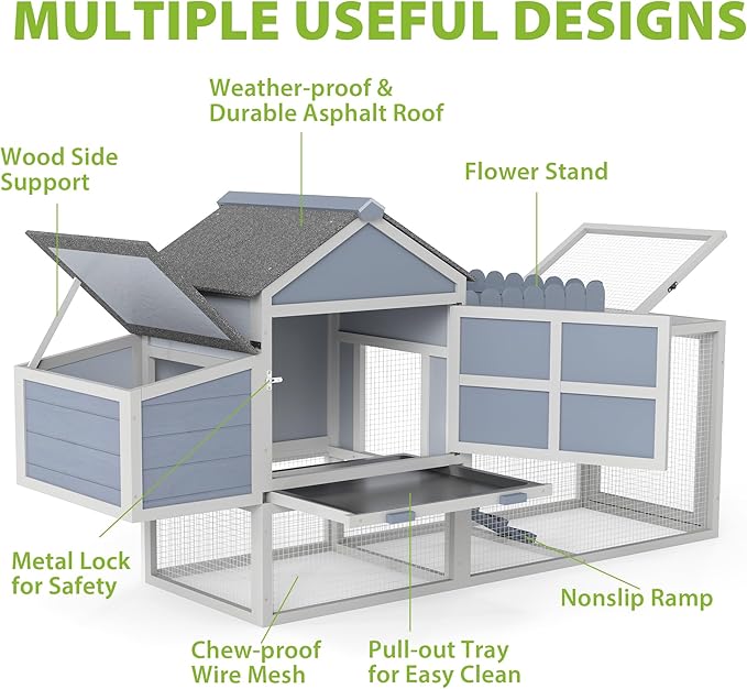 COZIWOW Outdoor Chicken Coop, Wooden Hen House with Nesting Box, Run, Resting Room, Ramp, Pull-Out Tray, Weatherproof, Patio Garden Pen Hutch for Ducks Poultry Pets, Easy to Clean, Gray (Plant Fence)