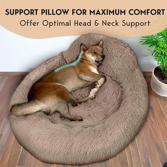 PetJett Calming Medium Dog Bed - 30'' Round Dog Beds - Washable Dog Bed - Anti-Slip Super Soft Fluffy Plush Donut Bed, Anti-Anxiety Premium Comfort Pet Bed, Fits Dogs up to 45 lbs - Beige