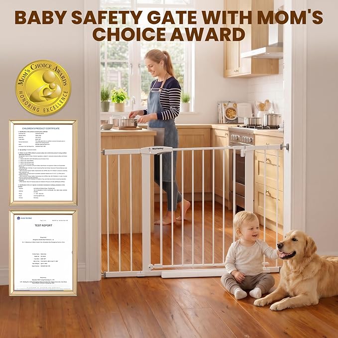 Mumeasy 29.6-46" Baby Gate for Stairs, Pressure Mounted Dog Gate for Doorways, Auto Close Pet Gate for Indoor Use, Extra Wide Child Gate with Walk Thru Door White, Mom's Choice Awards Winner