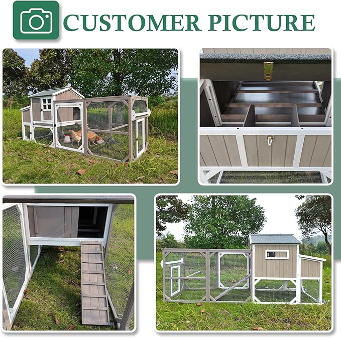 Large Chicken Coop with Run & Wheels, Portable Outdoor Hen House for 3-6 Chickens, 3 Nesting Boxes, Quail Hutch & Poultry Cage, Removable Tray & Ramp (95.3" L Grey)