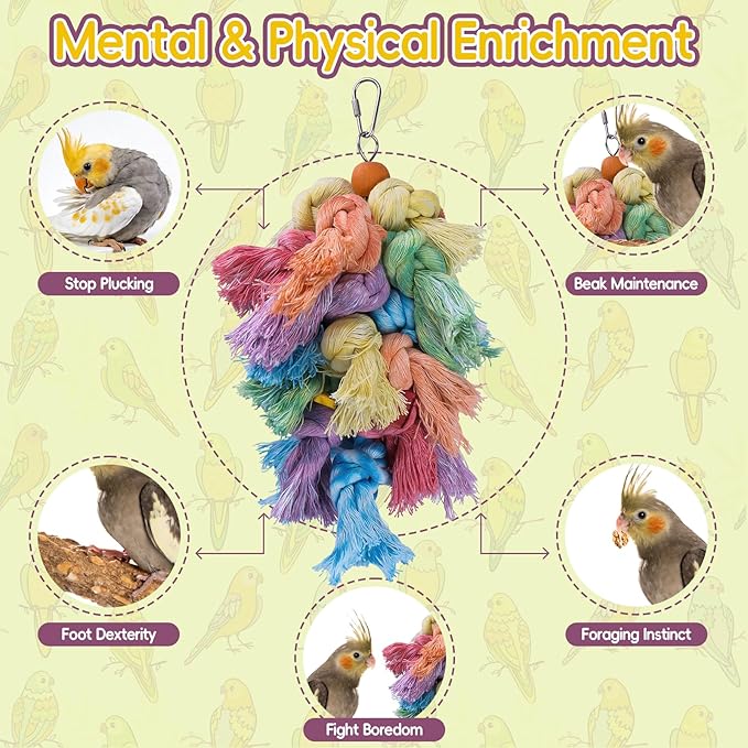Bird Toys for Parrots - Natural Cotton Rope Preening Toy, Hanging Bird Toys for Cockatiels, Conures, Parakeets, Enrichment Parrot Toys for Beak & Feather Health