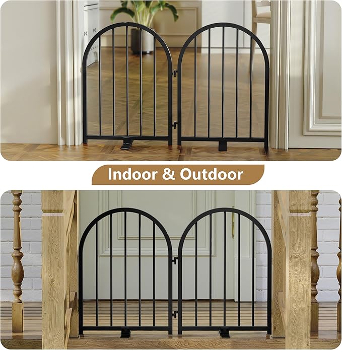PUPETPO Full Metal Dog Gate for Indoor Outdoor, 24" Tall Free Standing Pet Dog Fence, 36" Wide Arched Pet Gates for Stairs, Hallways, Doorways, Kitchen, Decks, Yards (Black, 2 Panels)