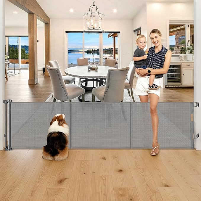 28 Inch Tall Retractable Baby Gates, 80" Wide Reinforced Retractable Dog Gate with Support Rods, Walk Through Pet Gate, Short Dog Gate Retractable Pet Gate, Mesh Baby Gate for Stairs, Doorways, Gray