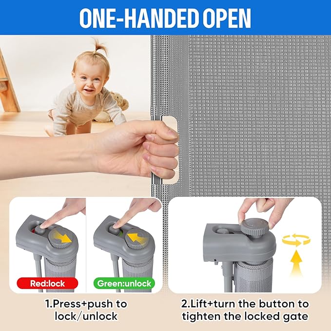 34X120” Extra Wide Safety Retractable Baby Gate, Extra Wide Safety Kids or Pets Gate, 34” Tall, Extends to 120” Extra Wide, Built-in Reinforce Strip Mesh Safety Dog Gate for Stairs,Doorways, Hallways