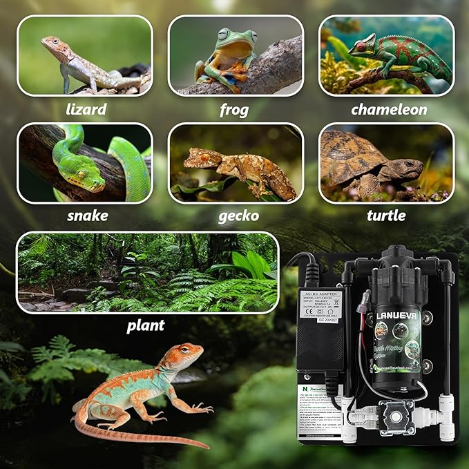 LANUEVA Reptile Humidifier, Quieter Mister Fogger for Terrarium with 4 Single Misting Nozzle + 2 Double Misting Nozzle, Reptile Mister Spray System for Reptile, Chameleon, Lizard, Snake, Frog