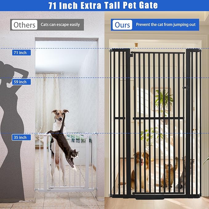 SHYUJAJIE 71 Inch Extra Tall Pet Gate for Cats, 29.5-43" Adjustable Wide Dog Gates, Pressure Mounted Walk Through Tall Cat Gate for Doorways,Hallway,Stairs,House（Black）