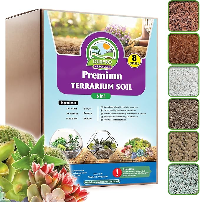 DUSPRO Recycle Premium 6in1 Terrarium Soil Mix – Pre-Mixed Terrarium Substrate Mix for Terrariums, Balanced Moisture Growing Medium with Coco Coir, Peat Moss, Pine Bark, Perlite, Pumice & Zeolite 8QRT