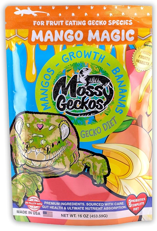 Complete Gecko Diet for Fruit and Insect Eating Geckos, 2 oz & 16 oz, with Human-Grade Dried Fruit, Probiotics and Vitamins (16 oz, Mango Magic - Mango & Banana)