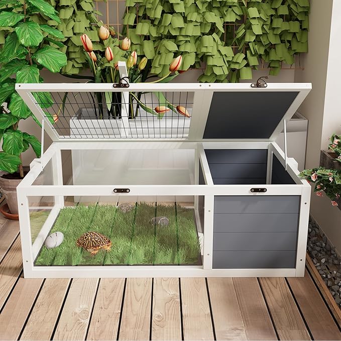 Turtle Habitat Enclosure, Large Wooden Tortoise House for Indoor and Outdoor Use, Reptile Enclosure with Openable Roof & Secure Locking System (White)