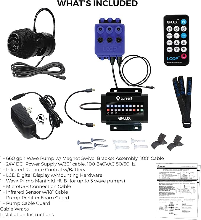 CURRENT USA 660 GPH eFlux Nano Wave Maker Pump Kit (6000) | Magnetic DC Powerhead with LED Display Controller for Saltwater Tank, 132-660 GPH Aquarium Water Circulation Pump 5 to 30 Gallon, Black