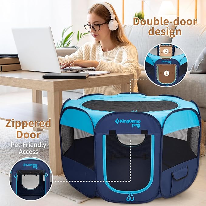 KingCamp Dog Playpen, Portable Foldable Cat Kitten Puppy Tent Crates 29"/36"/50" Pop Up Pet Playpen with Zippered Bottom & Cover for Indoor Outdoor Use (Small, Blue)