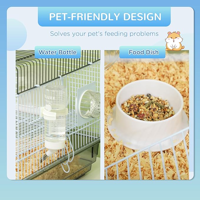 Hamster Cage Kit - Fun & Interactive Cage Measures - Pet Cage with Running Wheel & Ramp & Food Dish - Large Hamster Habitats