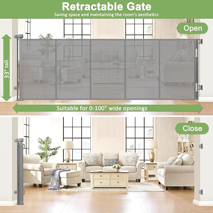 Reinforced 100” Extra Wide Baby Gate for Doorway, 33” Tall Retractable Dog Gate with Reinforced Strips, 8.33 Ft Wide Baby Gates for Large Openings, Anti-Scratch Retractable Pet Gates for Dogs, Gray