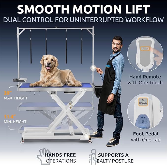 KANIS Professional Electric Dog Grooming Table - Heavy Duty, Height Adjustable Pet Grooming Table w/Leveling Wheels, Grooming Arm, Anti Slip Tabletop & Tool Organizer/Dog Grooming Station (White, 49")