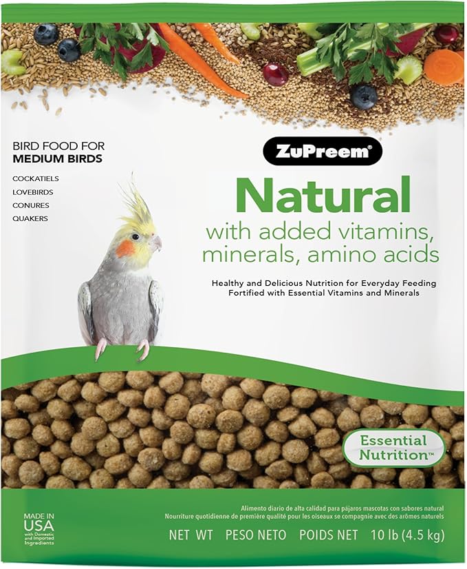 ZuPreem Natural Bird Food, Daily Bird Feed Pellets for Cockatiel, Lovebird, Quaker, Small Conure, Lorikeet, ZuPreem Core Nutrition, Added Vitamins, Made in USA, Cockatiel Food, (Medium, 10 lb Bag)
