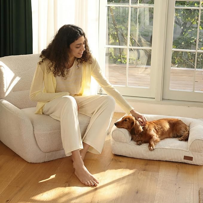 FUKUMARU Dog Couch Bed, Corduroy Cozy Cat Bed for Indoor Cats with Washable Cover, 28in Waterproof Orthopedic Dog Beds Sofa for Small Dogs and Large Cats, Cute Warm Cotton Pet Sofa, Cream