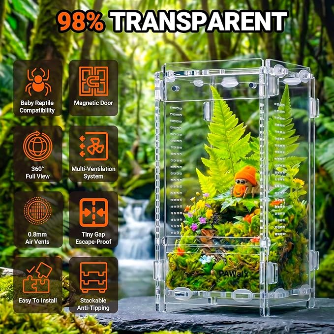 Jumping Spider Enclosure, Acrylic Terrarium with with Magnetic Doors, 0.8mm Micro-Ventilation, Stackable Escape-Proof Habitat for Jumping Spiders, Tarantulas & Small Reptiles, 3”x3”x6”