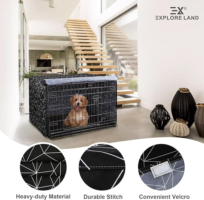 Explore Land Pattern Dog Crate Cover for 54 Inches Wire Cage, Heavy-Duty Polyester 1 2 3 Doors Standard Metal Pet Kennel Enclosure (Brief Polygonal)