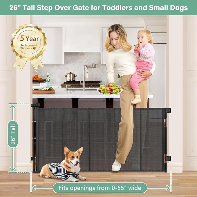 Reinforced 26 Inch Tall Retractable Dog Gate to Step Over 55" Wide Short Mesh Baby Gate Retractable Baby Gate for Doorway Low Outdoor Retractable Gate Small Pet Gate for Stair Puppy Gate for The House