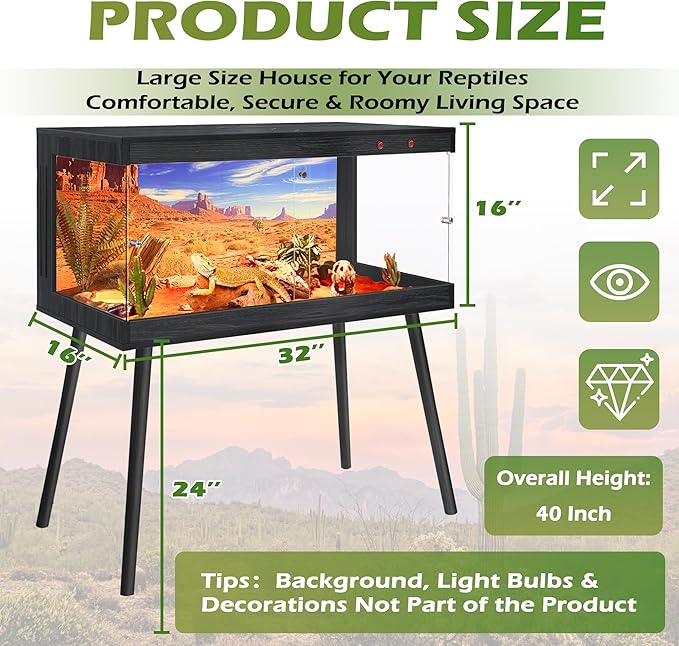 Royxen Bearded Dragon Tank, 36 Gallon Reptile Tank with Leg Stand,Built-in Lighting Reptile Enclosure, Tempered Glass Bearded Dragon Encloure for Chameleon (Black,32"x 16"x 16")