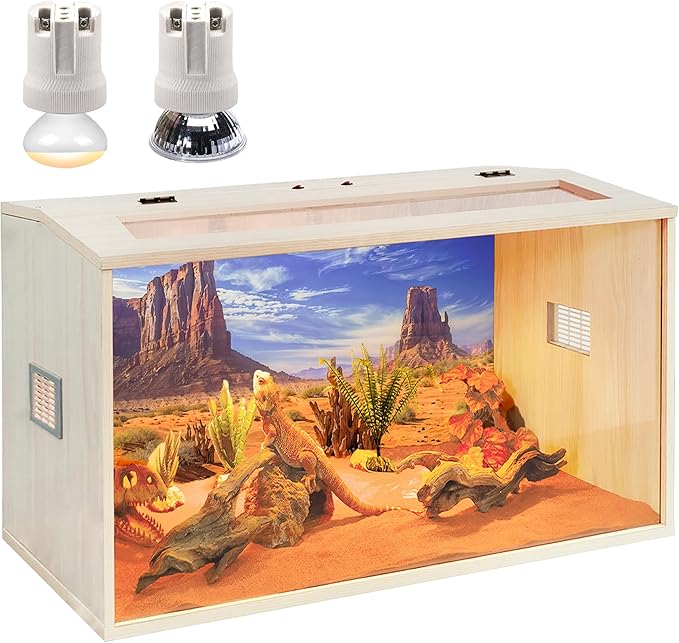 PROLEE Bearded Dragon Tank,Wooden Reptile Tank and Lizard Tank,Tempered Glass Large Bearded Dragon Enclosure with Built-in Lamp Fixture (24X16X16inch,24 Gallons)