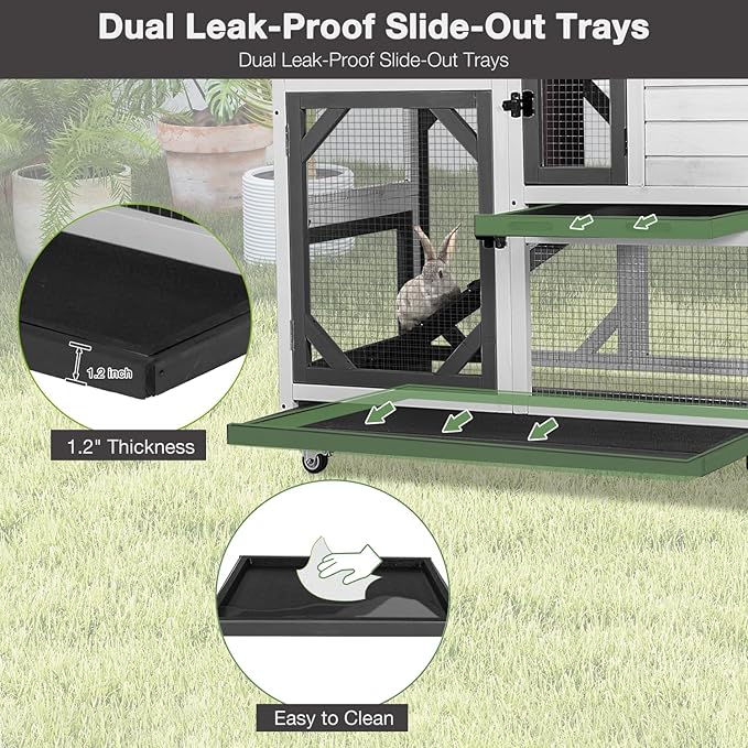 Large Rabbit Hutch Outdoor, 2-Tier Bunny Hutch with Wheels and Waterproof Roof, Wooden Guinea Pig Cage with Leak-Proof Pull-Out Trays, Multi-Door Bunny Cage for Small Animals-Black and White