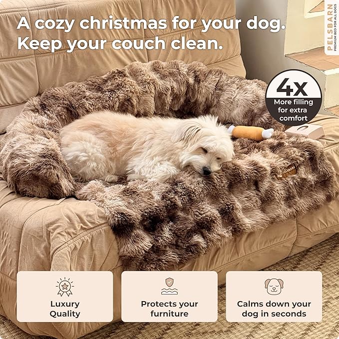 Pelsbarn Dog Bed for Couch, Luxurious Sofa Bed for Dogs with Non-Slip Oxford Bottom - Faux Rabbit Fur with Removable Cover, Small, Latte Swirl Color - 28x28 in