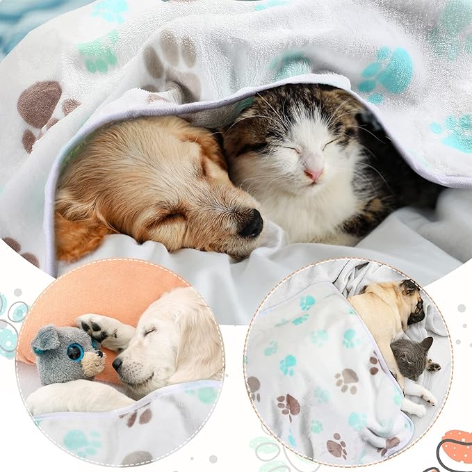 Tatuo 4 Pcs Dog Blanket for Pet Cat Blankets Indoor Puppy Teething Stuff Toys Paw Print Fleece Blanket Warm Sleep Mat for Guinea Pig Cage(Milky White,Small(24 x 16 Inch),Square)