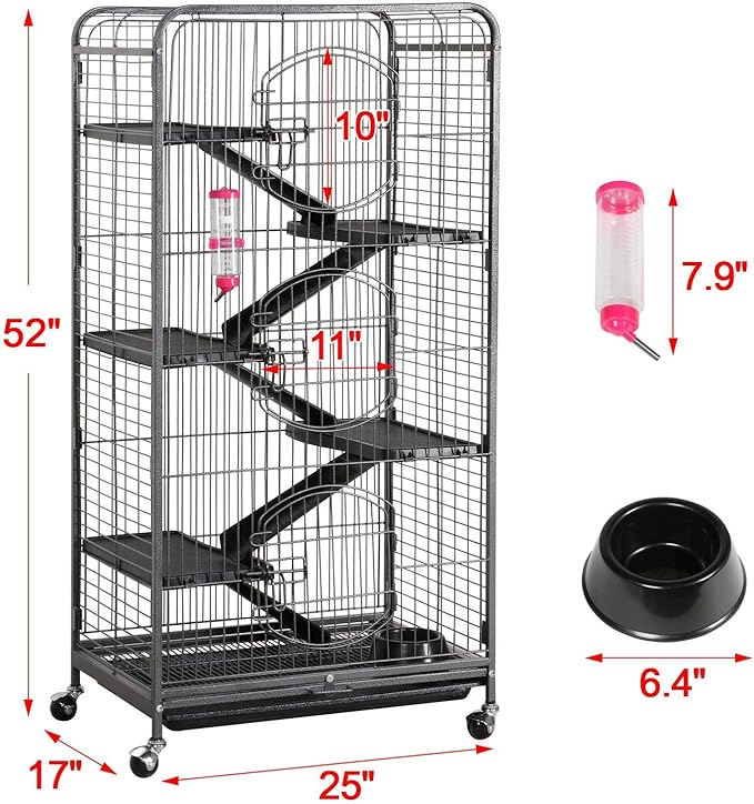 Metal 6 Levels Ferret Cage Playpen for Rabbit Chinchilla Squirrels w/3 Doors/Bowl/Water Bottle 25.2 x 16.9 x 51.6 Inch Black