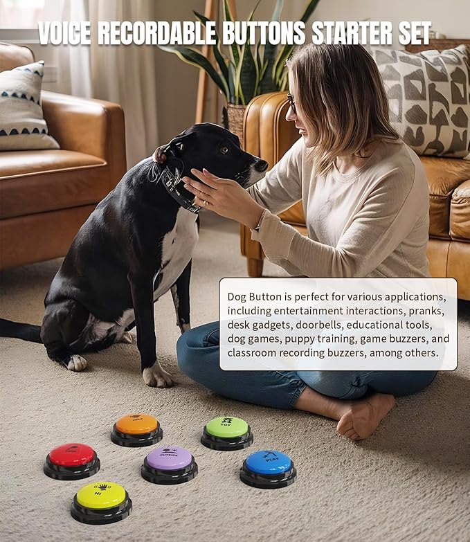 Acools 6 Pcs Dog Buttons for Communication Pet Training Buzzer, 30 Second Voice Recording Button, Dog Talking Button Set with 6 Color Anti-Slip Mat and 48 Scene Stickers