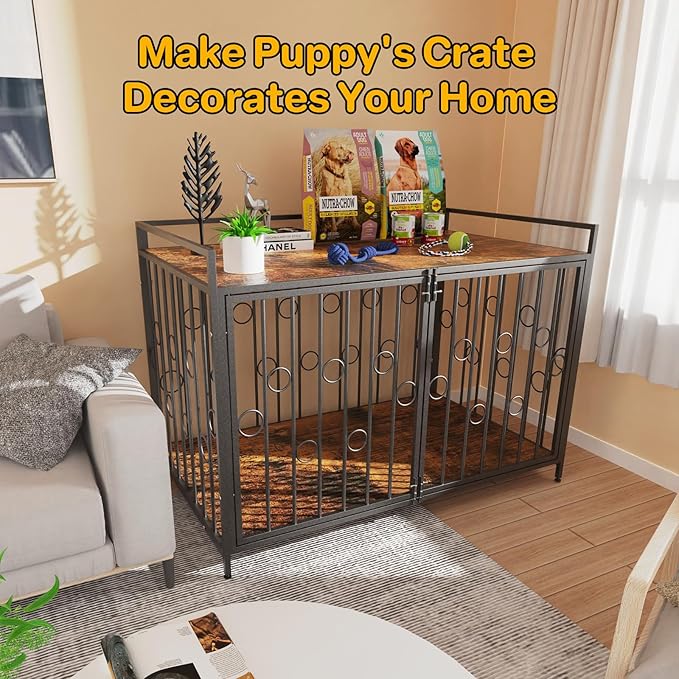 Medium Dog Crate Furniture Style, 42/48 inch Dog Crates for Medium Large Dogs, Indoor Decorative Wood Dog Crate Table with Storage Shelf, Unique Round Sturdy Pet Dog Kennel Indoor Furniture