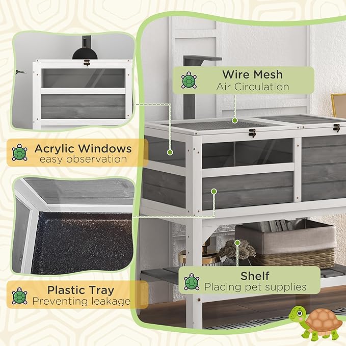 PawHut Tortoise Habitat with Shelf Storage, Tortoise Enclosure with Weather Protection, Reptile Gift Accessory, Reptile Enclosure with Tray, Light Support Frame, Light Gray