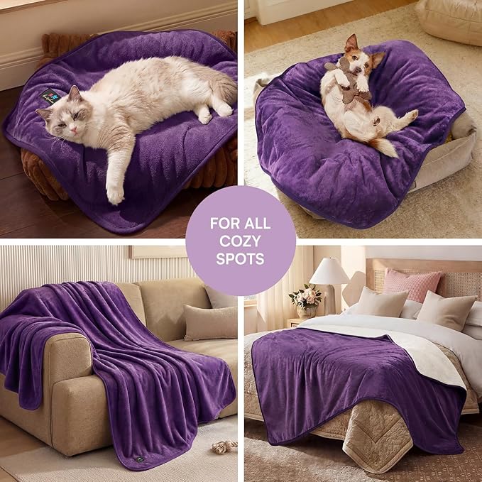 Luciphia Waterproof Blanket for Dog Washable Reversible Sherpa Fleece Throw Blanket for Bed Couch Soft Liquid Pee Proof Furniture Cover Protector for Small Medium Large Pet Cat Purple 65" x 57"