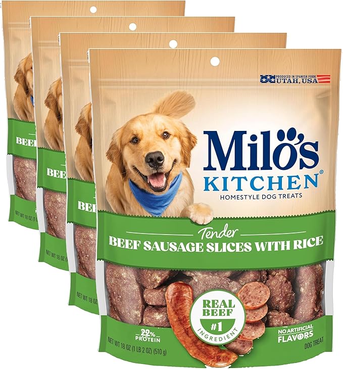 Milo's Kitchen Beef Sausage Slices with Rice Dog Treats, 18 Ounce (Pack of 4)