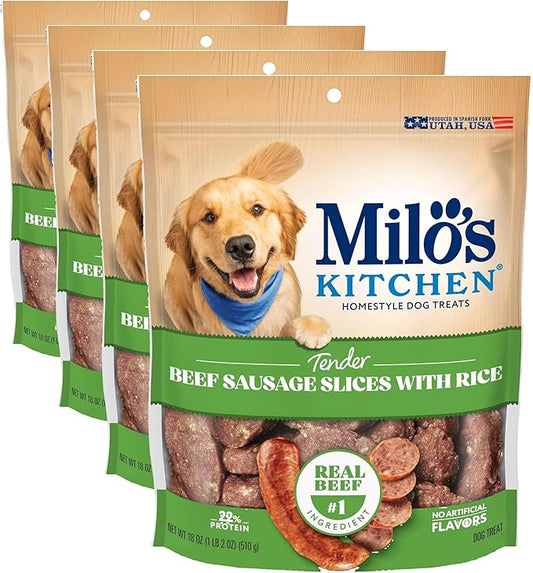 Milo's Kitchen Beef Sausage Slices with Rice Dog Treats, 18 Ounce (Pack of 4)