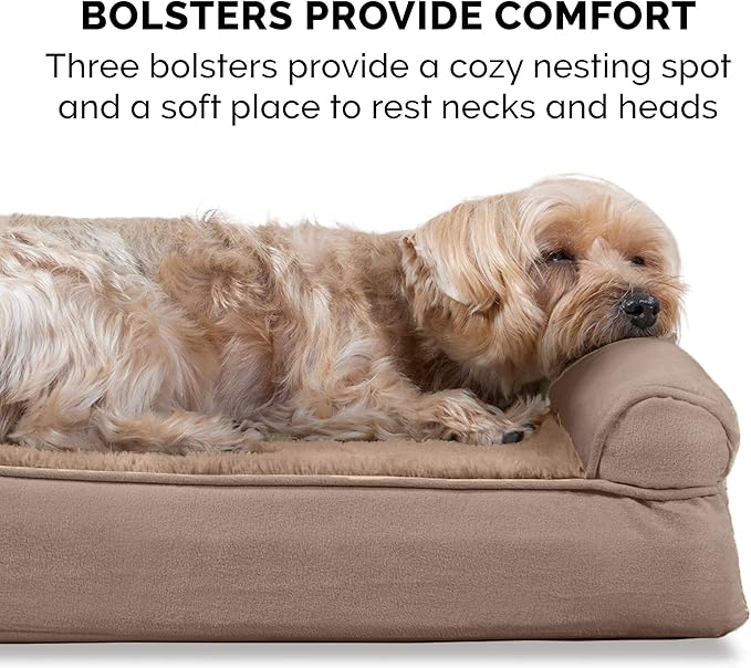 Furhaven Cooling Gel Dog Bed for Large/Medium Dogs w/ Removable Bolsters & Washable Cover, For Dogs Up to 55 lbs - Plush & Suede Sofa - Almondine, Large