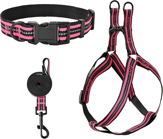 Mile High Life Night Reflective Double Adjustable Band Nylon Small Puppy Pet Dog Combo Collar Leash and Harness Set (Reflective Stripe Pink, Small (Pack of 3))