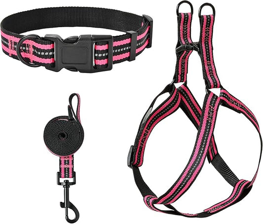 Mile High Life Night Reflective Double Adjustable Band Nylon Small Puppy Pet Dog Combo Collar Leash and Harness Set (Reflective Stripe Pink, Small (Pack of 3))