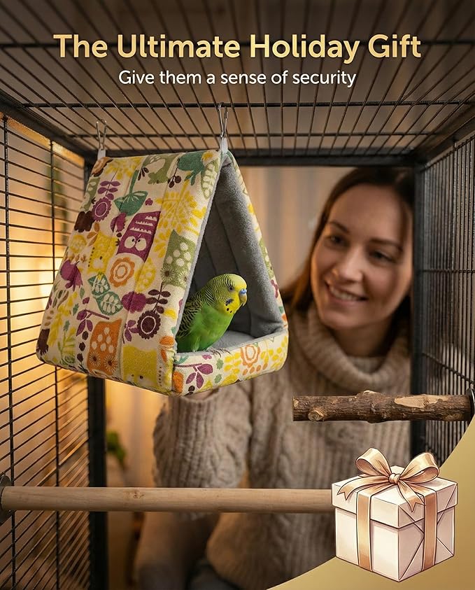ANZOME Safety Bird Bed Hammock - Anti-Tangle Fleece Warm Bird Nest for Cage, Cozy Winter Hut for Parakeets, Cockatiels, Conures & Lovebirds (M Size, Washable Base)