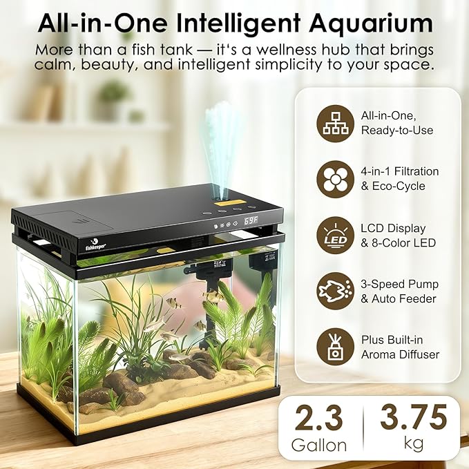 fishkeeper 2.3G Smart Aquarium - HD Glass Fish Tank Kits with Auto Feeder, Self-Cleaning Silent Filter Pump, Aromatherapy, Temperature Display & 7-Color RGB Lights for Desktop, Office, Room