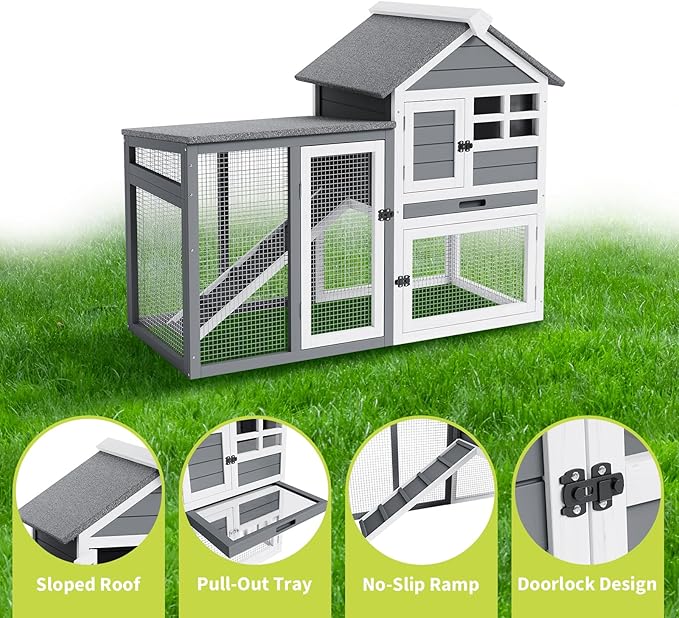 GarveeLife Small Wooden Chicken Coop, 2-Story Rabbit Hutch Indoor Outdoor with Waterproof Roof, Bunny Cage with Pull Out Tray and a Wooden Ramp