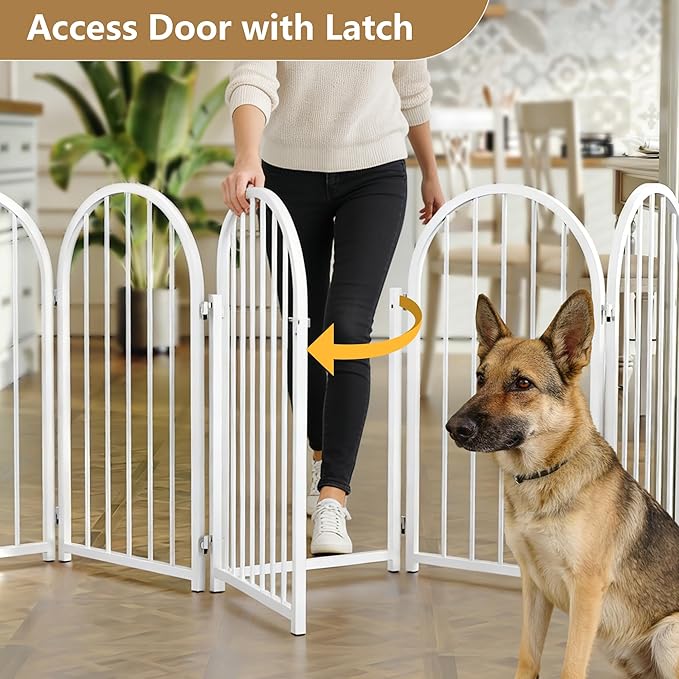 PUPETPO Full Metal Dog Gate with Door for Indoor Outdoor, 32" Tall Free Standing Pet Dog Fence, 108" Extra Wide Pet Gates for Stairs, Hallways, Doorways, Kitchen, Decks, Yards (White, 6 Panels)